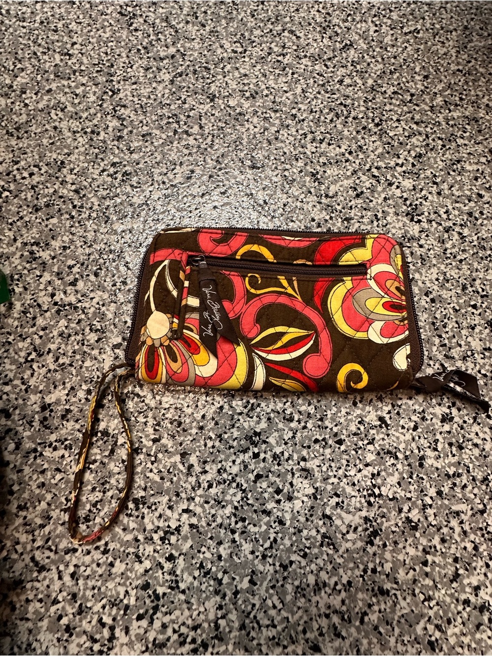 Vera Bradley Brown Floral Zip Wristlet with Red & Yellow Accents